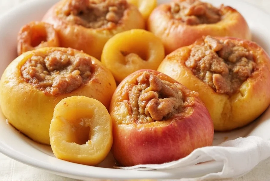 Close-up of baked apples with cinnamon showing cross-section revealing melted butter and cinnamon sugar filling surrounded by tender apple flesh