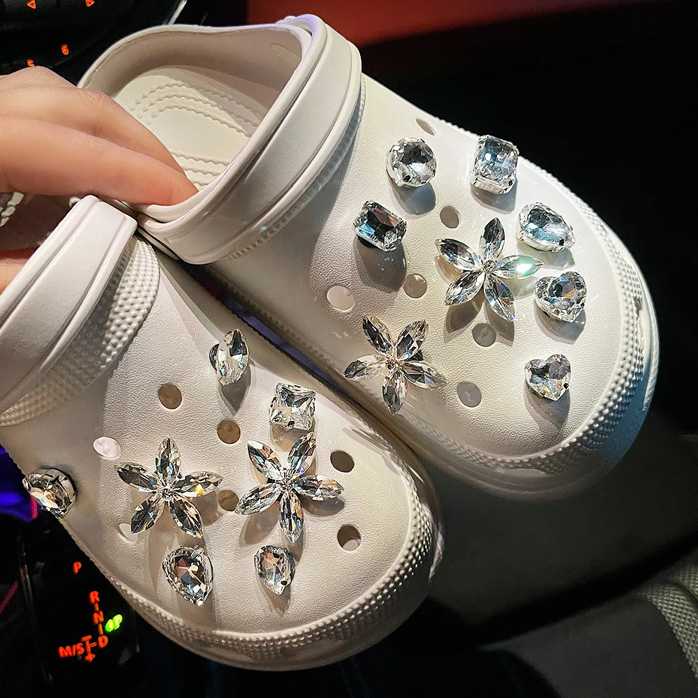 

Designer Croc Charms Rhinestones Clogs Shoe Buckle Designer DIY Shiny Bling Shoes Decoration for Croc Women Girls Gifts, Silver