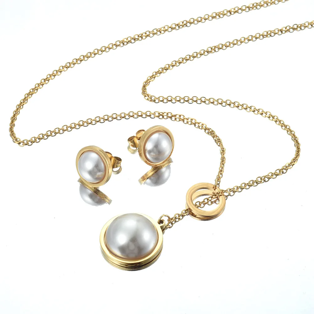 

Qings Stainless Steel 18k gold plated pearl necklace jewelry set for women
