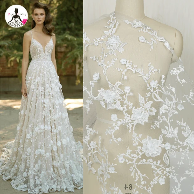 

high quality luxury 3D flower lace fabric couture fabric handmade beaded embroidery lace bridal fabric