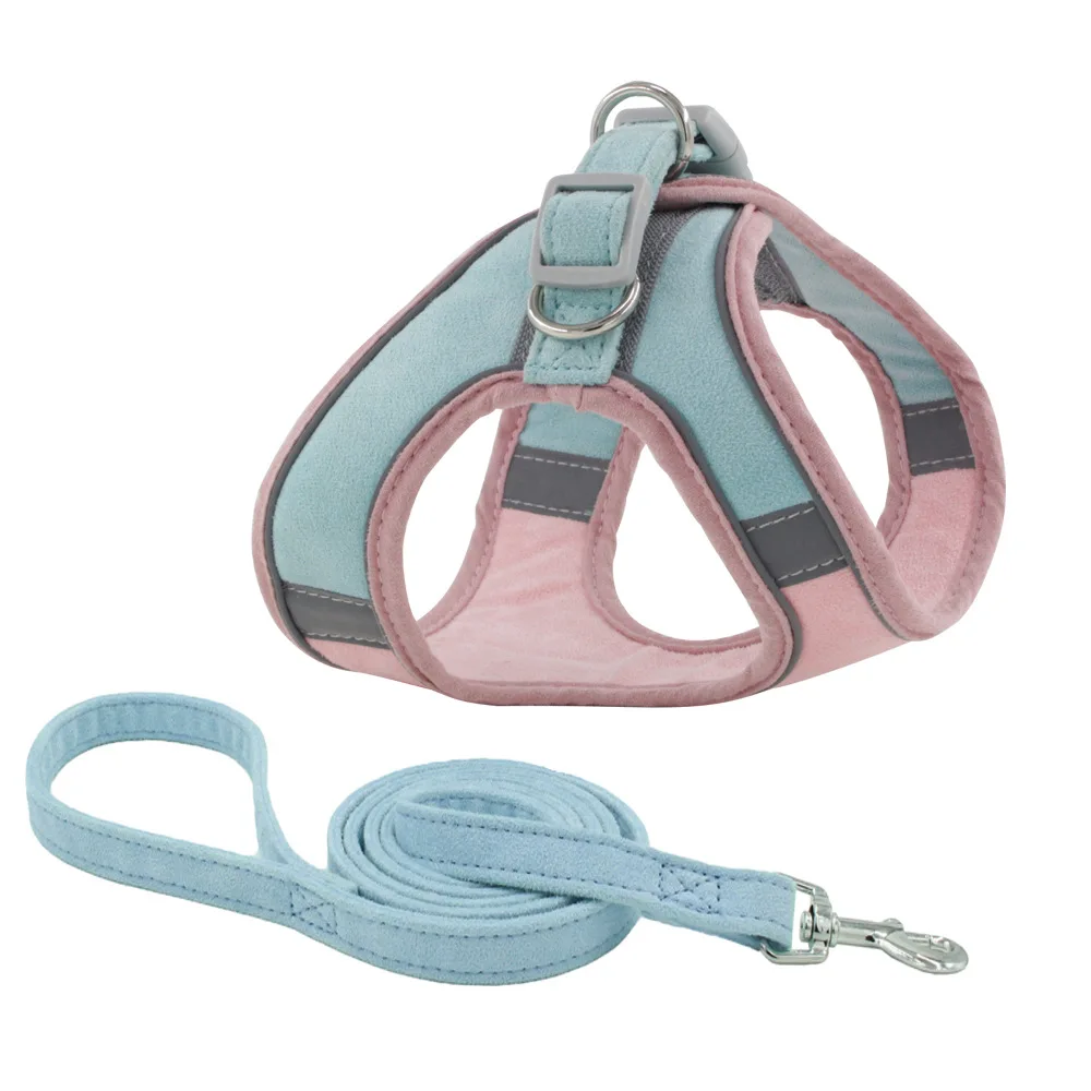 

hot selling multi color Suede fabric retractable no pull dog harness and leash set