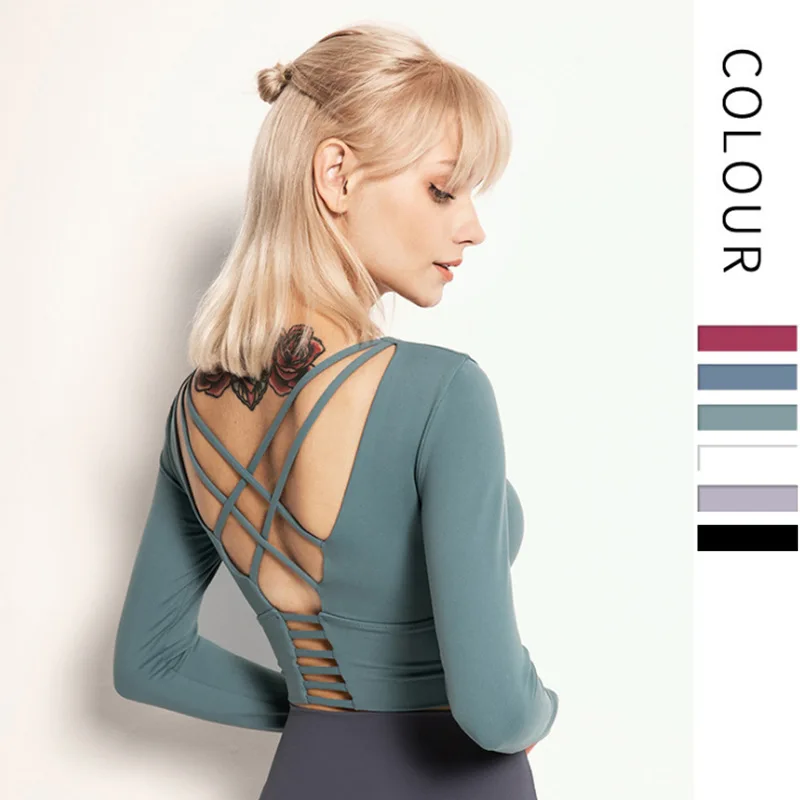 High Elastic Open Back Slim Fit Gym Workout Sports Long Sleeve Dance Women Yoga Top Crop Top Shirt with Removable Pads