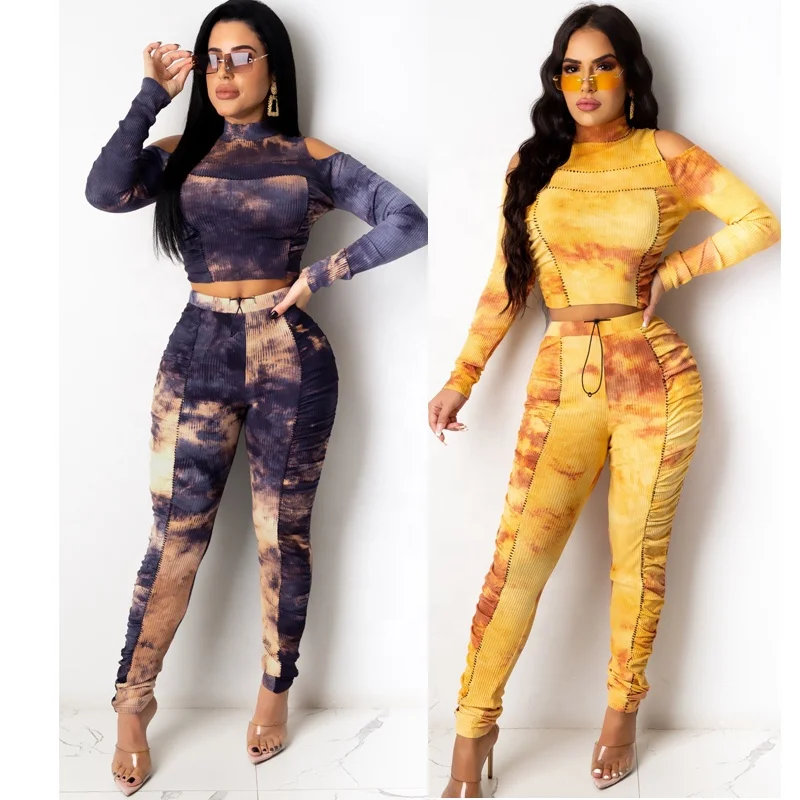 

Women 2 Piece Tie Dye Crop Top And Pants Set Womens Ruffles Rib Turtleneck Outfits