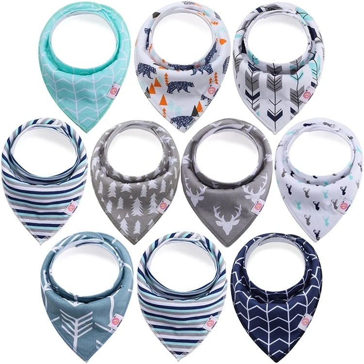 In stock 10 pack 100% Organic Cotton Fashion design Absorbent customized gift set Baby bandana bibs