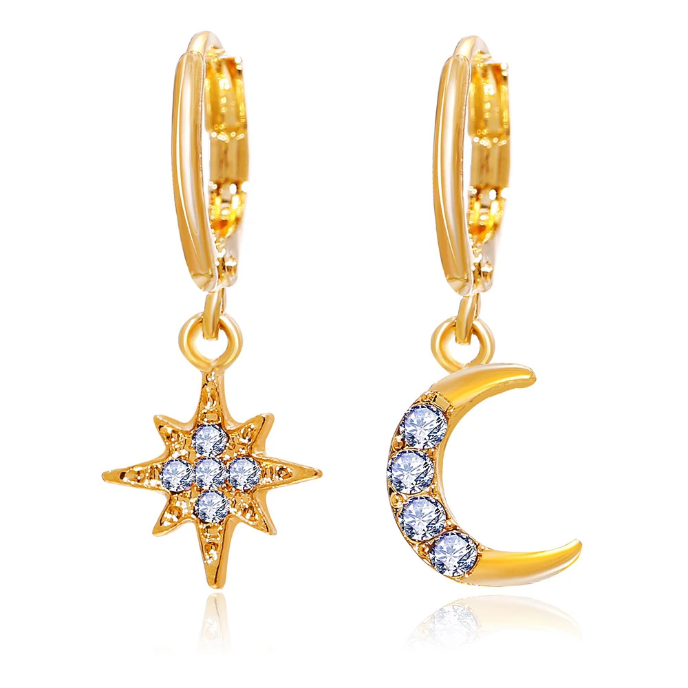 

5411 Fashion Women Gift Asymmetrical Shape Crystal Rhinestone Mini Star Moon Charm Hoops Earrings