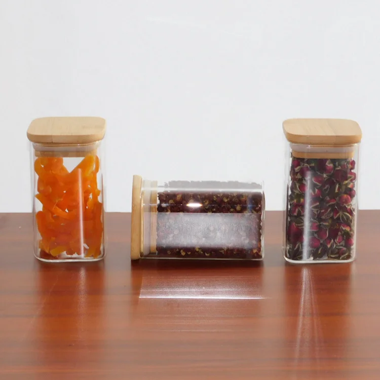 

Square Borosilicate Glass Storage Food Jar With Bamboo Wooden Lid, Customized color