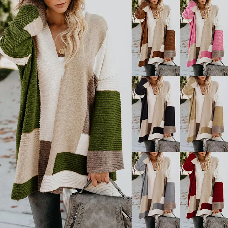 

Geometric Splice Cardigan Women Autumn Winter Loose Cardigans Womens Sweaters Long Coat