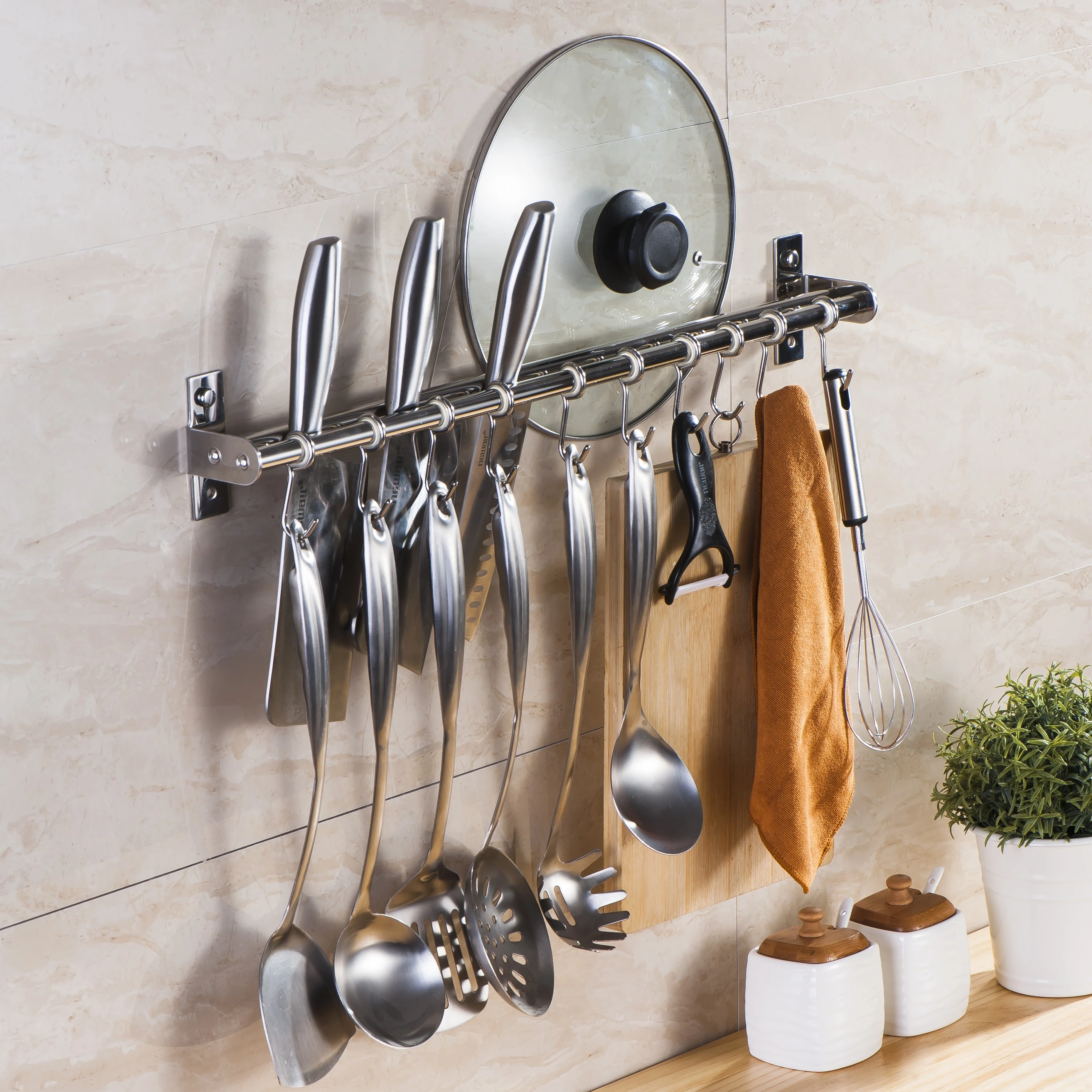 

Hanger Pot Rod for Hanging Kitchen Tools Towel Pan Chromed spoon knife Storage Rail with Sliding Hooks single rod kitchen rack