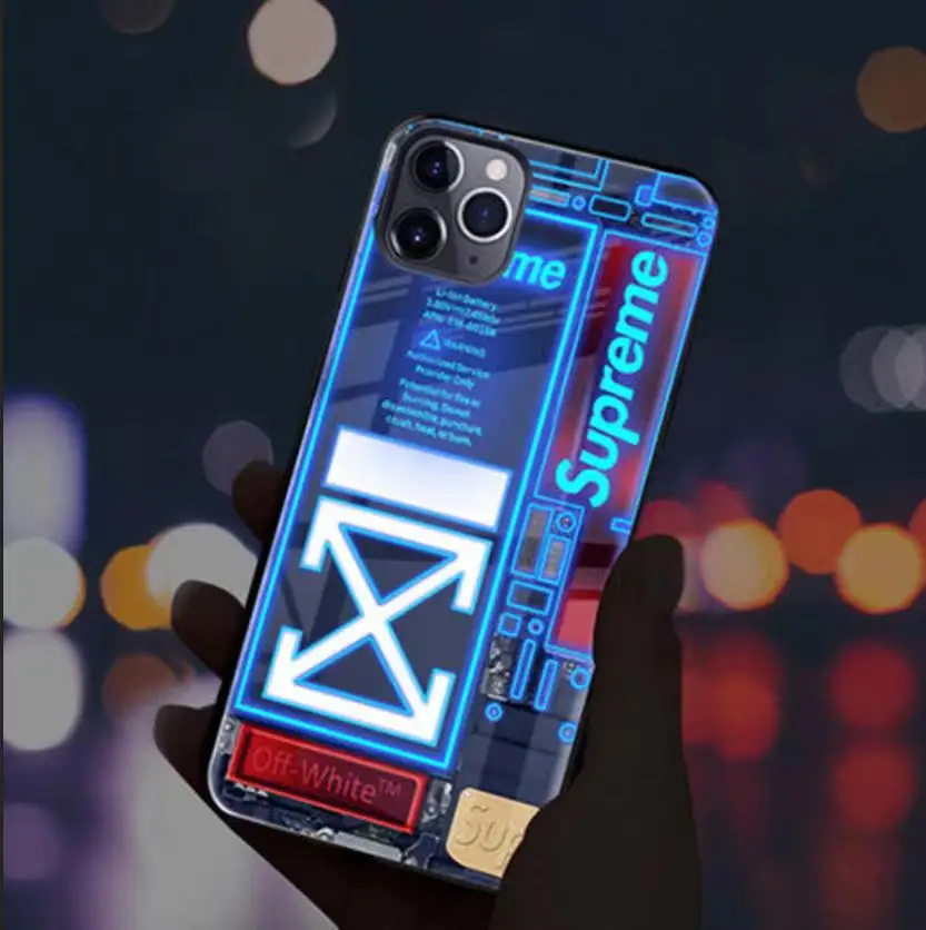 

Factory whole sale LED Luminous Tempered Glass Night Light Phone Case For Samsung Luminous Cell Glass cover for Samsung S20, As picture shown