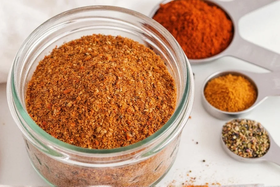 Close-up of homemade cajun seasoning blend in a glass jar with measuring spoons and fresh spices
