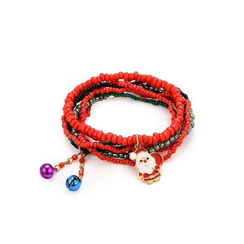 

PUSHI Santa Claus red multilayer bell charm merry Christmas beaded elastic lady bracelet kids bracelet girl