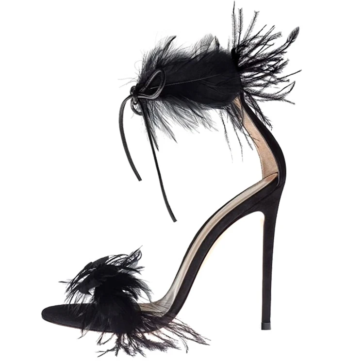 

New Latest Sexy Feather Fur Ankle Strap High Heel Sandals Women Stiletto Ostrich Feather Dress Shoes