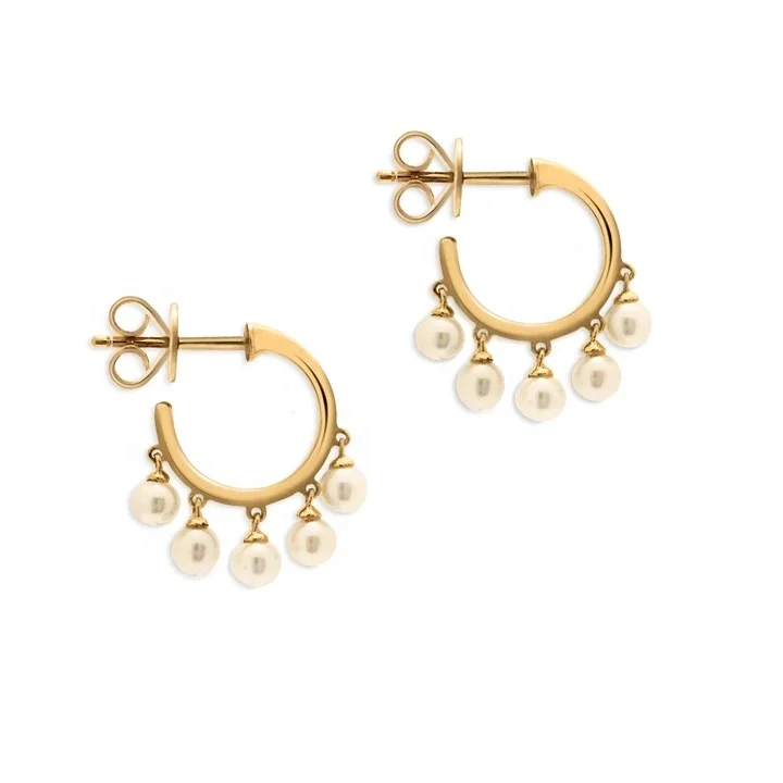 

Italian Gold Handmade Dangling Multi Pearl Mini Hoop Earrings 925 Silver