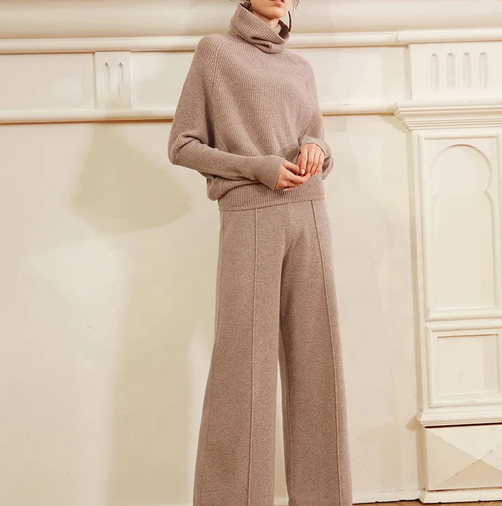 

P18B146TR cashmere suit plain knitted turtleneck loose lazy elegant lady pullover sweater set cashmere sweater manufacturer