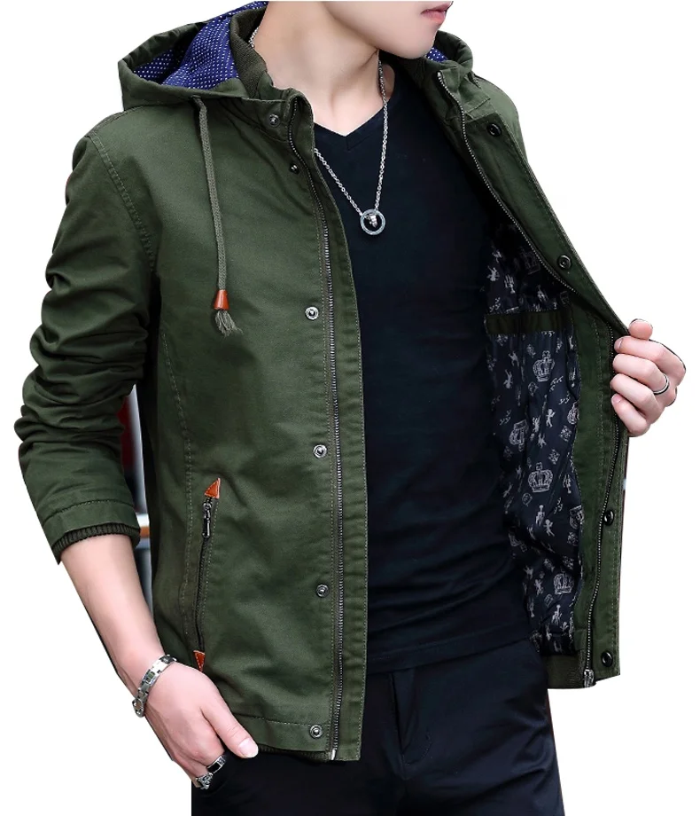 

2021 Hot Sale Slim Fit Cotton Bomber Jacket Men Custom High Quality Army Green Windproof Hooded Jacket