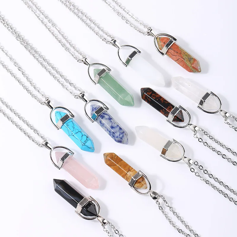 

Hot Sale Color Crystal Map Quartz Hexagonal Column Stone Yoga Pendant Necklace