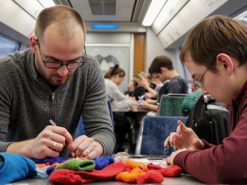 Group of people crafting during train commute