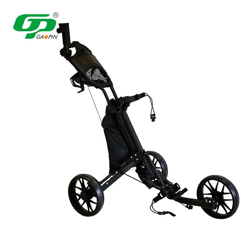 

New Style Factory Wholesale Hand Push Golf Trolley Wheels Three Foldable Golf Cart Bag With Umbrella Holder, Black
