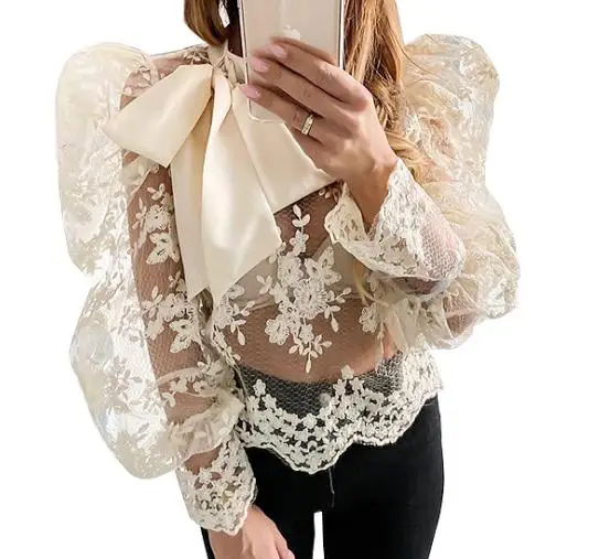 

Mzl's Love Autumn Bow Long Lantern Sleeves Lace Mesh See Through Casual Lady Blouse, As pjoto