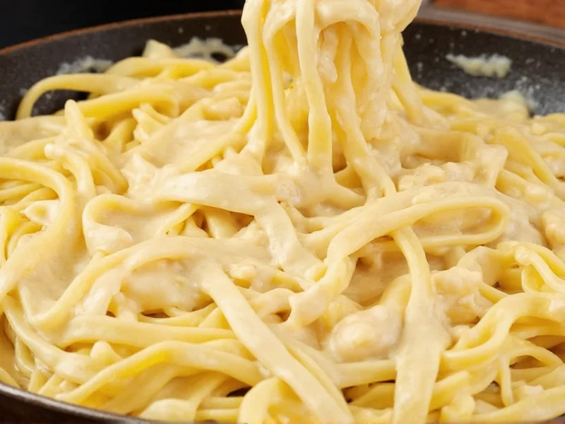 Creamy homemade alfredo sauce coating fettuccine