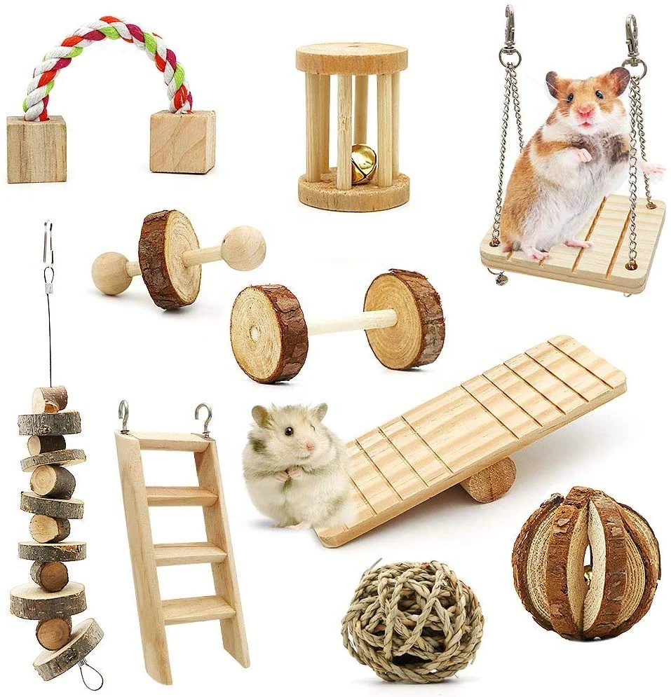 Gerbil Hamster Wood Chew Toys including Dumbbells Exercise Bell Roller