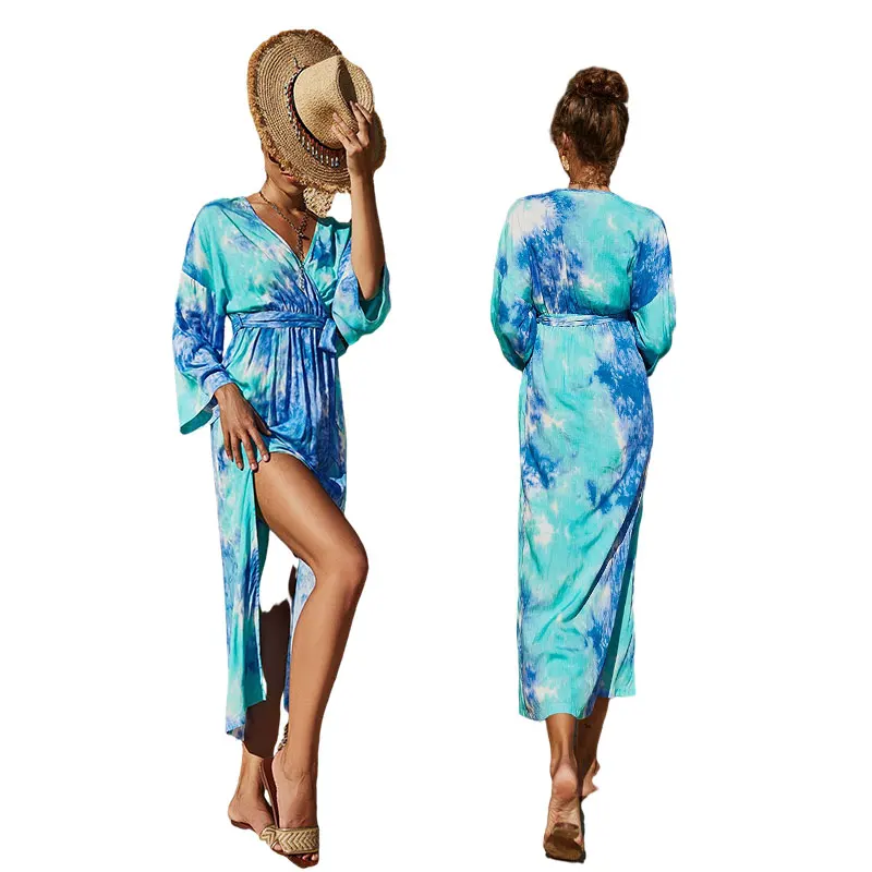 

spring summer new arrivals fashion high waist loose casual tie dye size plus floral printed long sleeves women dresses, Customized color