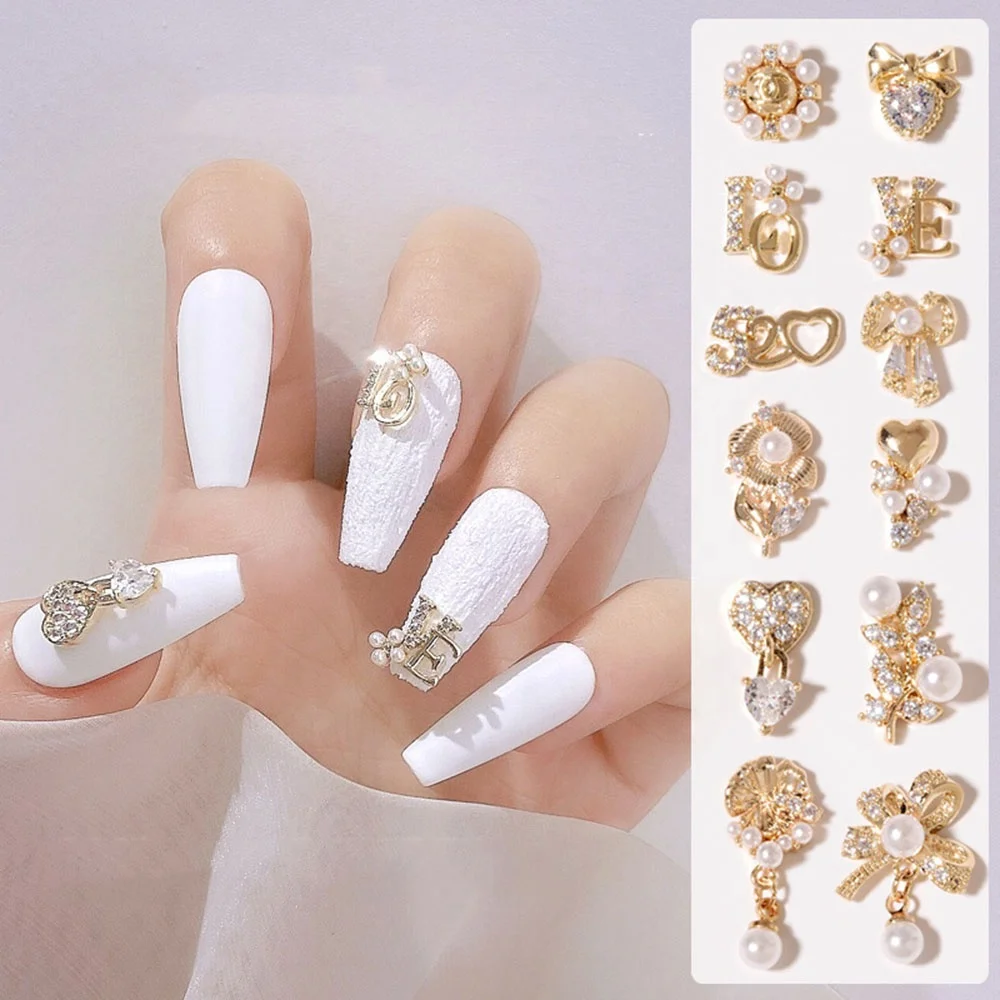 

Elegant Nail Art Zircon Jewelry Pearl Rhinestone Love Nail 3D Diamond Crystal Bowknot Pendant Nail Decoration, Gold