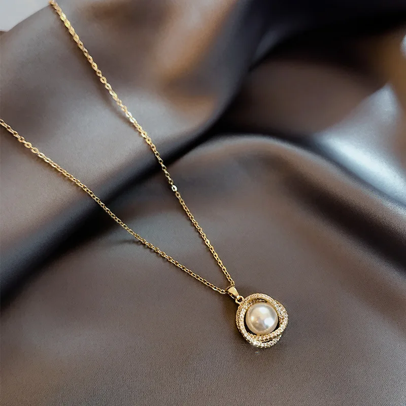 

Large Baroque Pearl Pendant Necklace Gold Plated Stainless Steel Long Zircon Pendant Collarbone Chain Necklace For Women, Picture shows