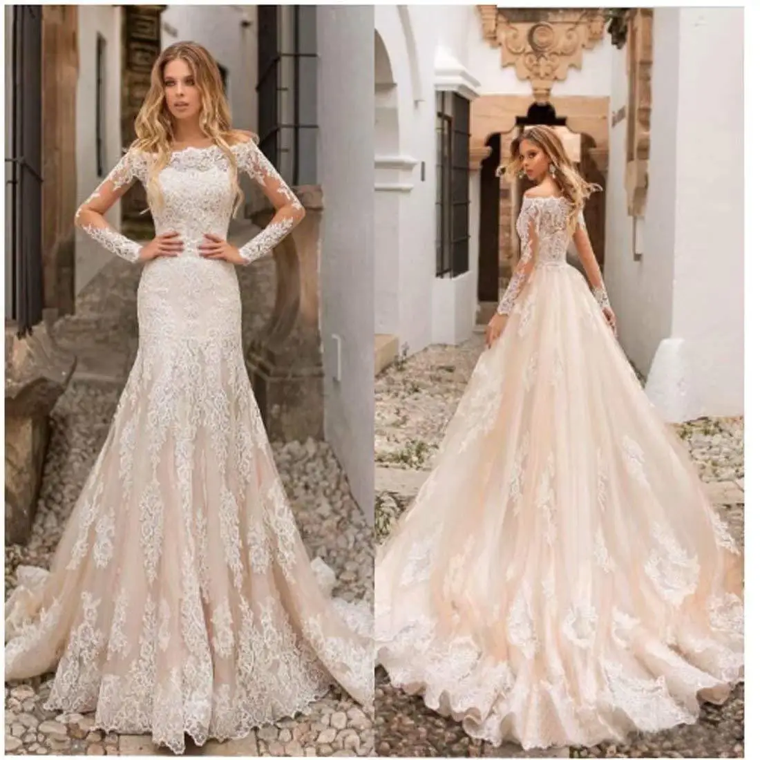China elegant customized boat neck white ivory lace wedding dresses gowns