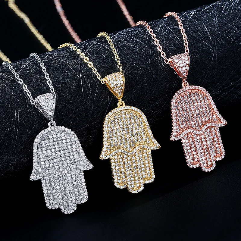 

Micro pave cz gold plated lad diamond hamsa hand pendant necklace jewelry