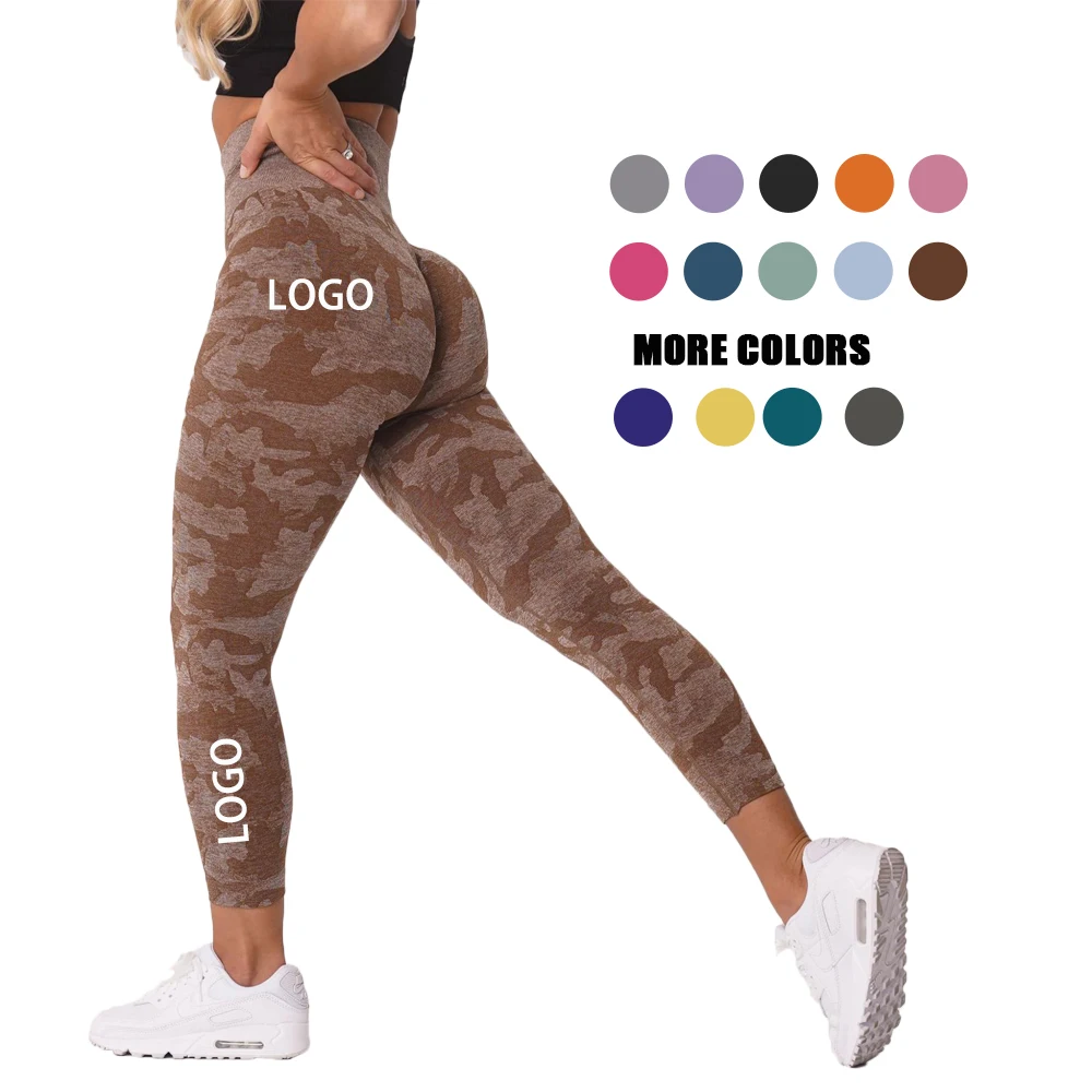 

2022 Women Girls Custom Logo Stretchy Compression Quick Dry Bodyshape Fitness Seamless Camo Yoga Leggings Wholesale