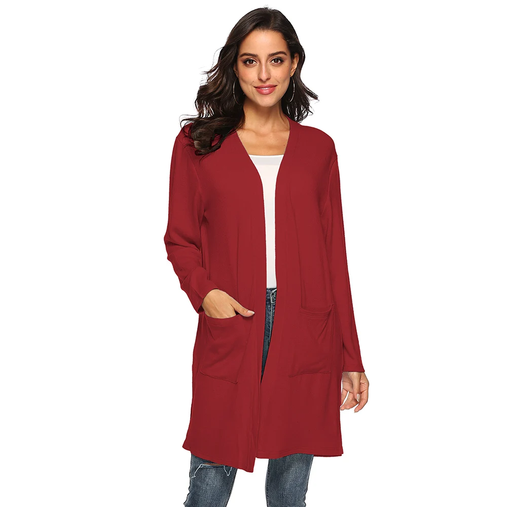 

High Quality Wholesale Women Plus Size Open Front Long Cardigan With Pockets ., Black /red ect