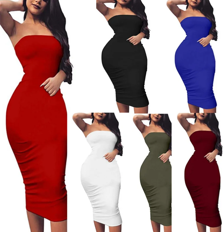 

Drop Shipping Women Solid Color Strapless Dress Hip Wrapped Bodycon Backless Pencil Dress, As picture