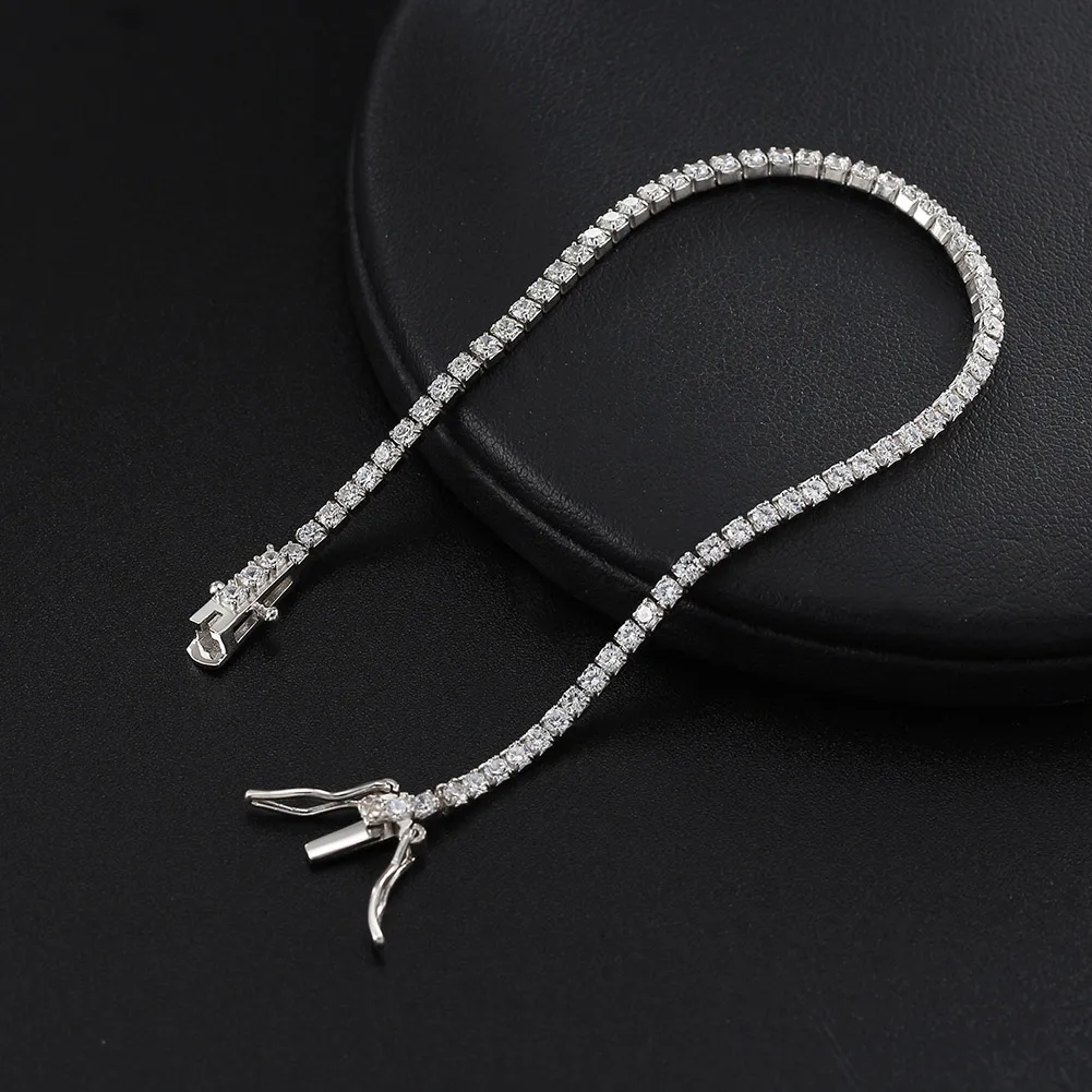 RINNTIN SB61 Trendy Rhodium Plated 2mm Round Cubic Zirconia Classic Tennis Bracelet 925 Sterling Silver Bracelets for Women