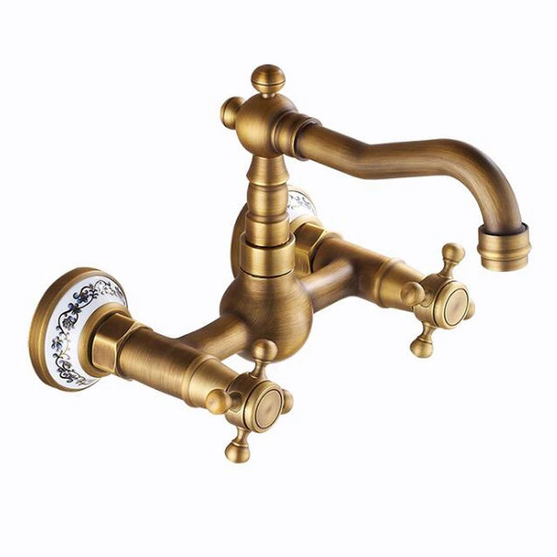 

Dual handle antique wall mounted brass bathroom basin faucet