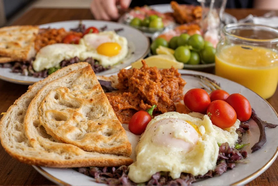 Turkish breakfast spread featuring pepper paste, eggs, cheese, and fresh bread