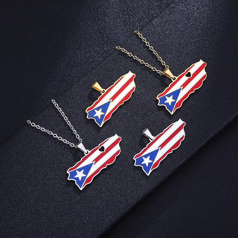 

Stainless Steel Silver 18K Gold Plated Puerto Rico Map Pendant Necklace for Men and Women Enamel Puerto Rico Flag Necklace