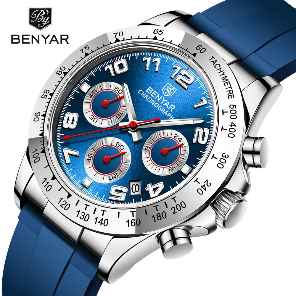 

BENYAR 5192 New Luxury Men Quartz Wristwatches Top Brand Chronograph 30M Waterproof Sports Silicon Watch for Men reloj +BOX, 3colors