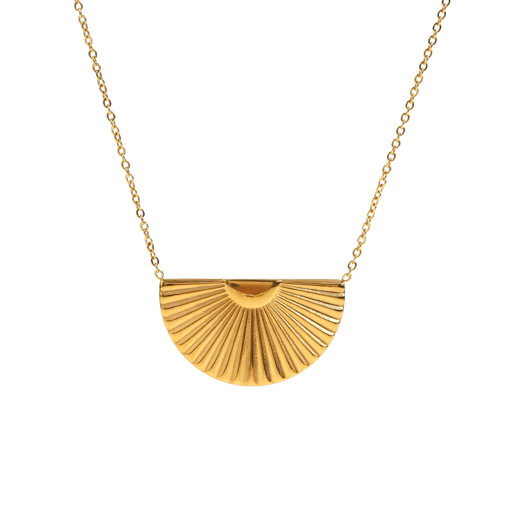 

Vintage Jewelry Stainless Steel 18K PVD Gold Plated Sunburst Semi-Circle Fan Shape Pendant Necklace