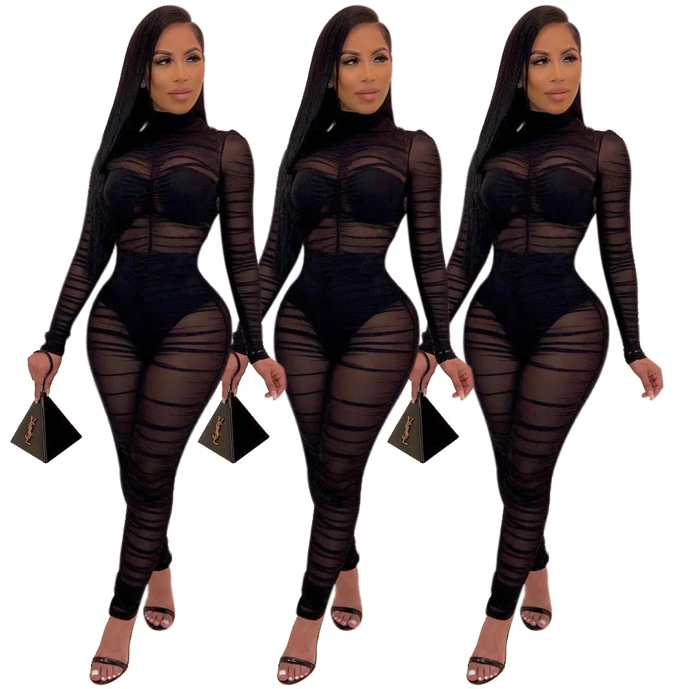 

Wholesale Amazon Hot Sale Sexy Mesh See Through Pleated Slim Long Sleeves Nightclub Fitness Women Jumpsuit And Romper, Shown