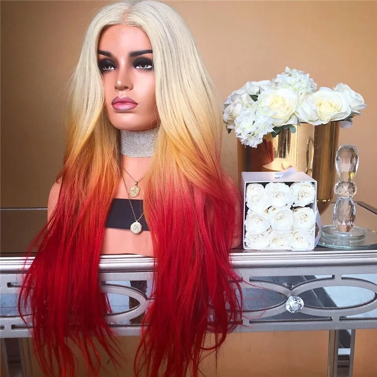 

Beauty Silky Straight Wig #613 to Blonde to Red Ombre Color Synthetic Lace Front Wig, Colored wig