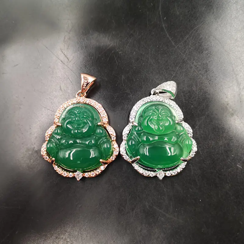 

925 Silver Plating Natural Jade Gradient Buddha Pendant Large Agate Buddha Pendant Necklace