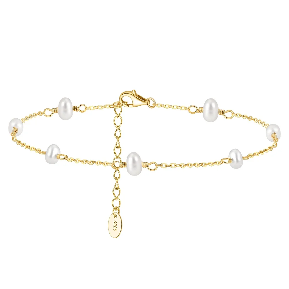 European and American 925 Sterling Silver Summer Beach Freshwater Pearl Anklets for Women Gold Plated  Jewelry