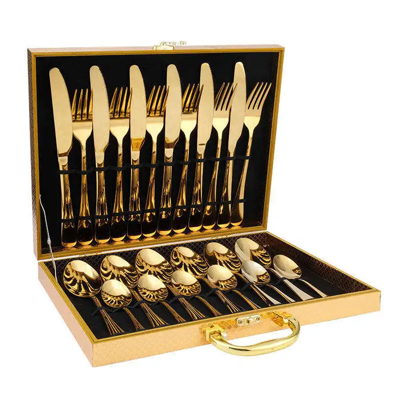 

Best Selling 24 Pcs Tableware Set Knife Spoon Fork Sets Flatware Luxury Gold Cutlery Set Stainless Steel With Gift Box