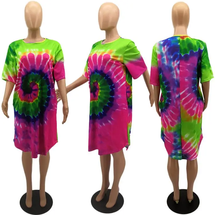 H1203 Plus Size Short sleeve Round collar tie dye printing Casual Women T shirt Dress