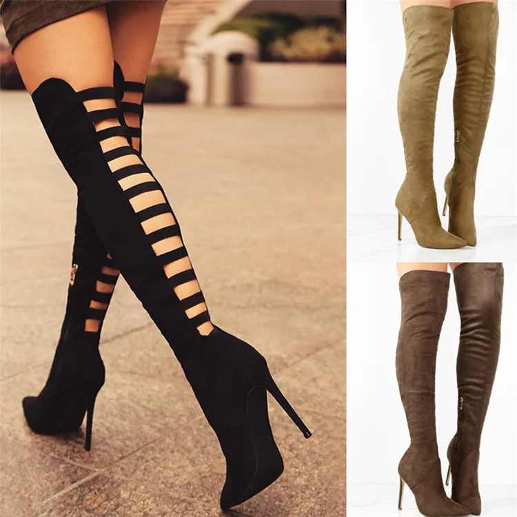 

Winter Fashion Suede Sexy Fashion Pointed Back Hollow Women High Heel Shoes Knee High Thigh Boots