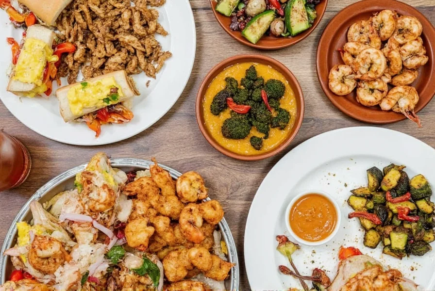 Various dishes served with pepper aioli including grilled shrimp, roasted vegetables, and sandwiches