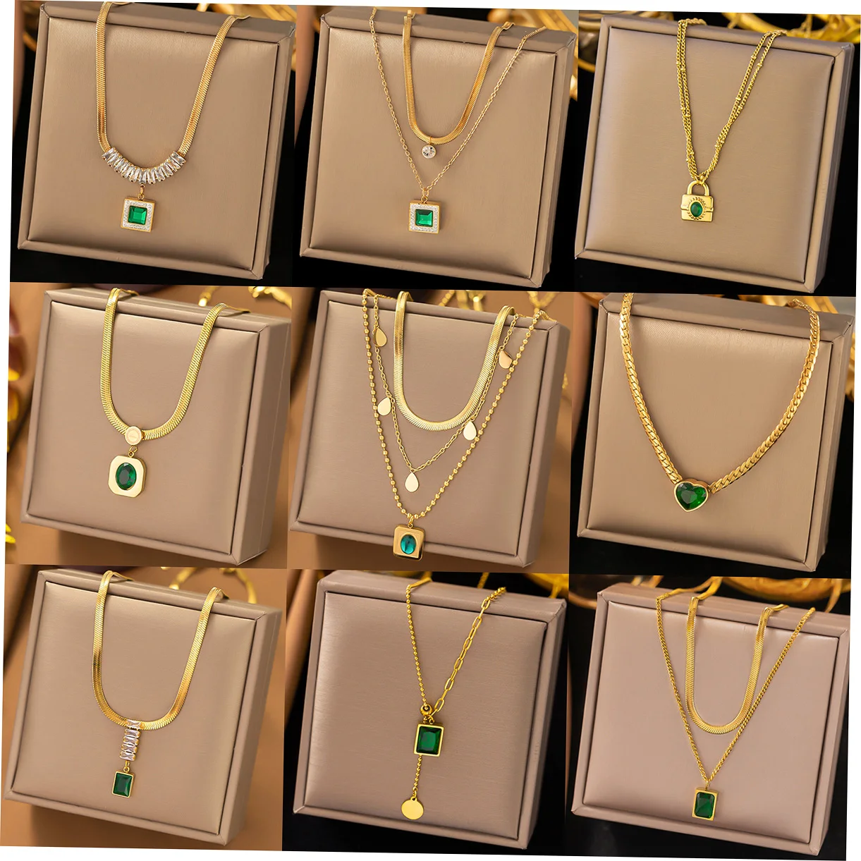 

Top Quality Waterproof Stainless Steel 18k Gold Emerald Zircon Layered Heart Pendant Necklace Women Geometric Cz Lock Necklace