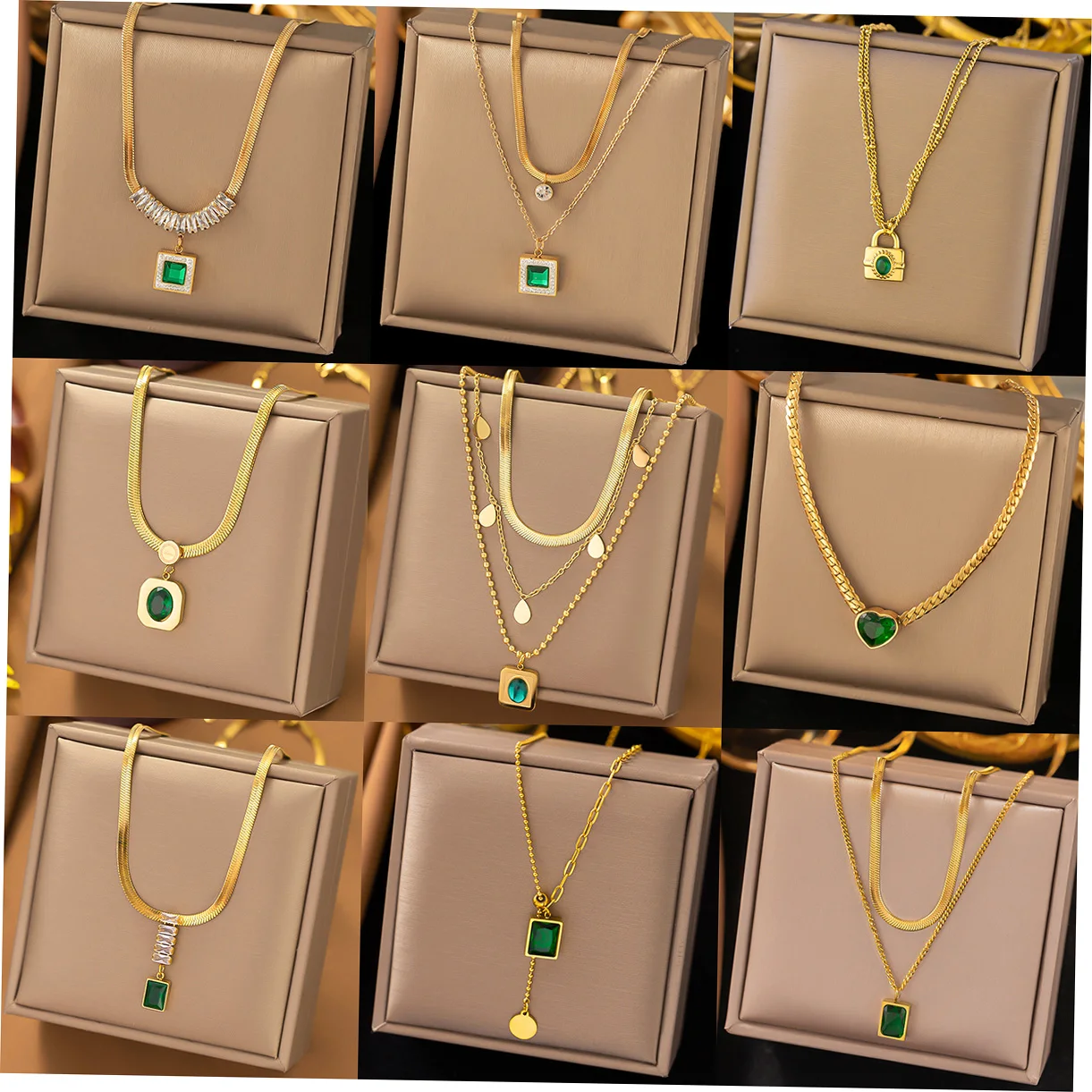 Top Quality Waterproof  Stainless Steel 18k Gold Emerald Zircon Layered Heart Pendant Necklace Women Geometric Cz Lock Necklace