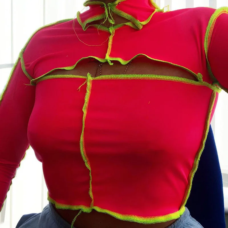 

FS1532D hot sale Fall Fashion stand collar tops women Long sleeve hollow cut T shirts